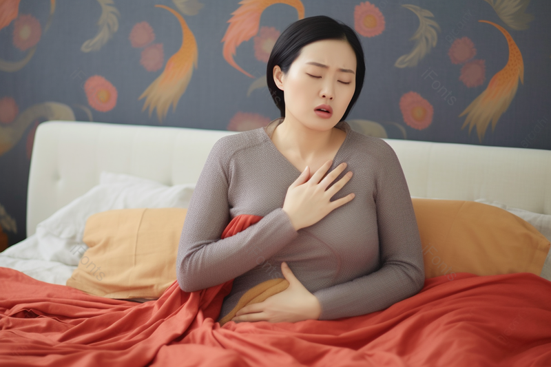 中年女性哮喘痛苦的坐在床上生病,高清,摄影图,摄影图片,图片大全,摄影图免费下载